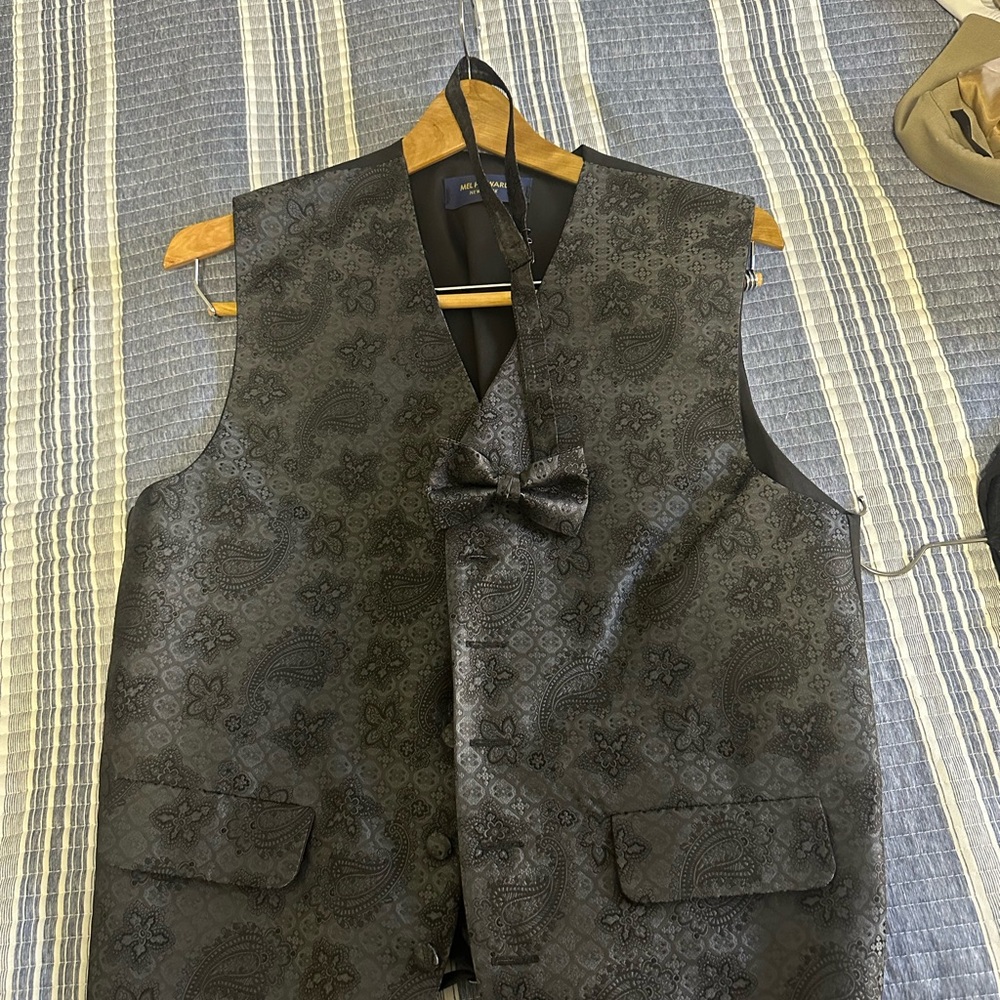 Kids Black Patterned Vest with Bow Tie